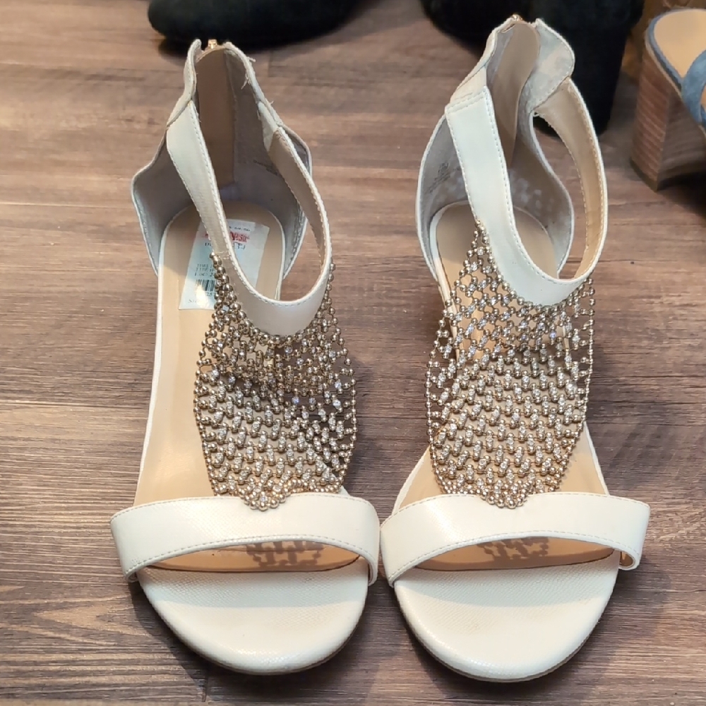 Thalia Sodi Cream and Gold Heels